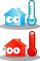 uma muito quente e frio casa e termômetros. desenho animado edifícios dentro quente e frio clima. seriamente isolado edifícios dentro extremo temperaturas. vetor
