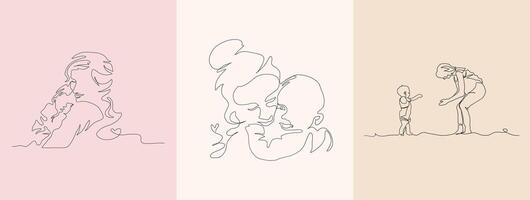 conjunto do contínuo linha arte do maternidade, feliz mãe dia, 1 linha desenho, pai e criança silhueta mão retirou. ilustração vetor