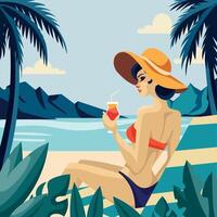 verão vibe. lindo jovem mulher dentro uma chapéu e roupa de banho bebidas uma coquetel em a de praia do a mar ou oceano desfrutando dela período de férias. plano ilustração. verão e viagem conceito vetor
