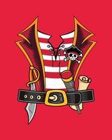 vibrante ilustração do com tema pirata Itens Incluindo uma espada, cinto, e camisa, com uma vermelho pano de fundo vetor