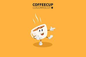 mascote da xícara de café dos desenhos animados, ilustração vetorial de um mascote bonito da xícara de café branco vetor