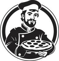 culinária domínio intrincado Preto emblema para uma moderno pizzaria Veja artesanal pizzaiolo à moda ícone com lustroso pizza silhueta vetor
