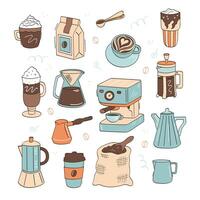 cor conjunto do café rabisco ícones. café, café Panela, café máquina, saco do feijões, café com leite, capuccino, vidro. vetor