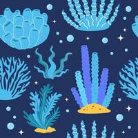 coral e oceano plantas azul cor desatado padronizar. embaixo da agua flora e algas marinhas. aquático plantar, tropical solo oceânico elementos fundo para têxtil, embalagem. vetor