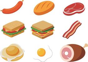 ilustração do uma conjunto do Comida plano , ovo, pão, sanduíche, ovo Bento, bacon, presunto, salsicha, carne vetor