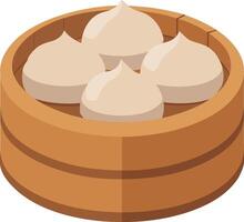 ilustração do uma cozido no vapor dumplings dentro uma de madeira cesta vetor