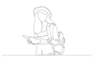 contínuo 1 linha desenhando do fêmea turista mochileiro lendo mapa, autoguiado Tour conceito, solteiro linha arte. vetor
