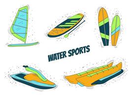 água Esportes definir. surf, água lambreta, sapboard, banana barco, windsurf. vetor