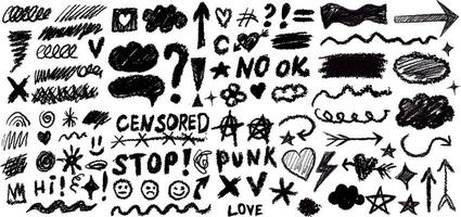 ano 2000 grunge conjunto elementos. faixas com escova golpes com salpicos e gotas. corações, estrela, borboletas pintura golpes, grafite salpicos, escovar, rude golpes, pontos. vetor