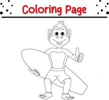 fofa macaco carregando prancha de surfe coloração página. coloração livro para crianças vetor