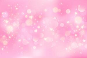 Rosa adorável fundo com corações bokeh e brilho. pastel fantasia gradiente para namorados dia. romântico borrado céu com brilhos e estrelas vetor