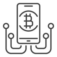 Smartphone com bitcoin placa blockchain ícone ou símbolo dentro fino linha estilo vetor