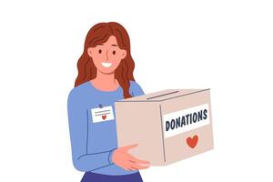 mulher voluntário detém doações caixa, coletar dinheiro para pessoas quem ter perdido empregos ou tornar-se sem teto vetor