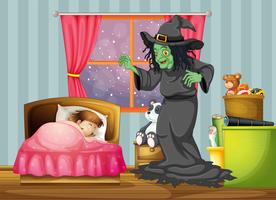 Uma bruxa olhando para a garota dormindo dentro do quarto vetor