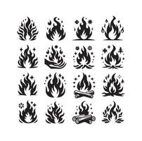 fogo chama silhueta ícone conjunto ilustração vetor