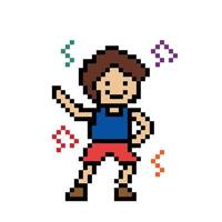 fofa pixel desenho animado 8 bits personagem homem exercícios Treinamento dança estilo de vida para decoração vida estilo 8 mordeu masculino Garoto dança com música Nota jogos ginástica . vetor