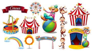 Conjunto de circo com jogos e personagens vetor