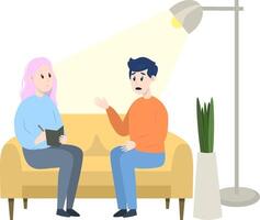 psicoterapia sessão - homem falando para psicólogo sentado em sofá. mental saúde conceito, ilustração dentro plano estilo vetor