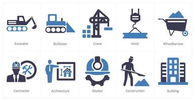 uma conjunto do 10 Construir ícones Como escavadora, escavadeira, guindaste vetor