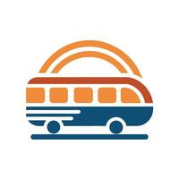 uma ônibus é visto dirigindo baixa a estrada, uma minimalista logotipo este transmite a idéia do mobilidade e conectividade dentro público transporte vetor