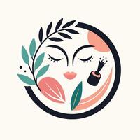 uma mulher face com olhos fechado, rodeado de folhas dentro uma sereno momento, uma minimalista logotipo para uma brincalhão Maquiagem marca apresentando uma caprichoso, desenhado à mão ilustração vetor