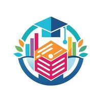 logotipo para uma escola apresentando uma graduação boné e livros, simbolizando Educação e conquista, uma limpar \ limpo e contemporâneo visual representação do digital Educação vetor