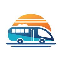 uma ônibus é visto dirigindo baixa a estrada, com não de outros veículos em volta, uma minimalista logotipo este transmite a idéia do mobilidade e conectividade dentro público transporte vetor