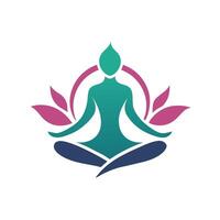 uma pessoa senta de pernas cruzadas dentro uma lótus posição cercado de verde folhas, uma lustroso logotipo apresentando uma minimalista Projeto do uma ioga pose vetor