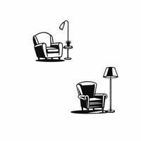 abstrato mobília conjunto logotipo Projeto conceito. símbolos e ícones do cadeira, sofá, luminária em Preto fundo vetor