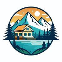 uma casa carrinhos dentro frente do uma imponente montanha dentro a fundo, Projeto uma minimalista logotipo para uma beira do lago recorrer este exala tranquilidade vetor