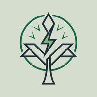 logotipo com entrelaçados árvore esboço e relâmpago parafuso dentro verde e Preto cores, árvore esboço entrelaçando com eletricidade parafuso para uma único logotipo vetor