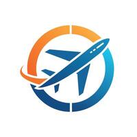 uma azul e laranja avião é posicionado às a Centro do uma círculo dentro uma moderno logotipo projeto, uma limpar, moderno logotipo com uma estilizado avião ícone para uma viagem reserva plataforma vetor