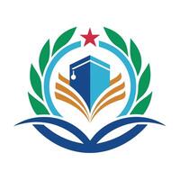 lustroso e moderno logotipo Projeto para uma Igreja apresentando religioso símbolos e texto, crio uma lustroso e moderno logotipo para a organização promovendo Educação e alfabetização vetor