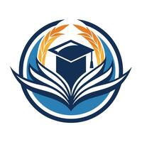 uma moderno escola logotipo apresentando uma estilizado livro ícone, simbolizando Educação e aprendizado, uma lustroso, moderno Projeto apresentando uma estilizado livro e graduação boné vetor