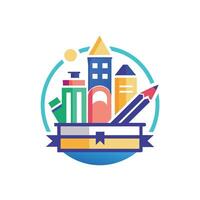 escola logotipo apresentando lápis e edifícios, desenvolve uma minimalista logotipo para uma escola fornecem varejista, minimalista simples moderno logotipo Projeto vetor