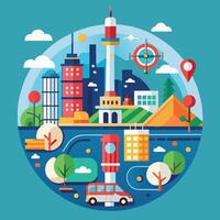 uma cidade Horizonte anexo dentro uma círculo, criando uma minimalista ícone do urbano vida, gerar uma minimalista ícone do uma cidade mapa, destacando chave marcos e transporte hubs vetor