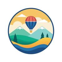 uma quente ar balão sobe acima uma majestoso montanha alcance dentro uma Claro azul céu, quente ar balão flutuando sobre uma cênico paisagem, minimalista simples moderno logotipo Projeto vetor
