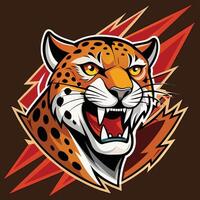 uma feroz tigres cabeça contra uma vibrante vermelho e laranja pano de fundo, jaguar logotipo mascote, impressionante ilustração vetor