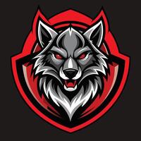 uma fechar-se do uma lobos cabeça com piercing vermelho olhos contra uma Sombrio Preto fundo, a partir de esports para vestuário, desencadear a poder do Lobo logotipo ilustração vetor