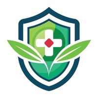 uma escudo com uma Cruz e folha projeto, representando cuidados de saúde ou médico indústria marca, remédio logotipo modelo Projeto vetor