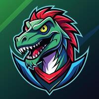 uma Dragão cabeça apresentando vermelho cabelo conjunto contra uma vibrante verde pano de fundo, raptor mascote logotipo jogos ilustração vetor