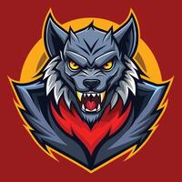 uma Lobo mascote com feroz expressão contra uma brilhante vermelho pano de fundo, lobisomem logotipo, ilustração vetor