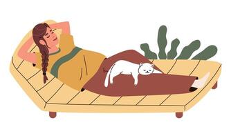 jovem menina relaxante em a sofá com dela gatinha. pessoas com animais de estimação, animal terapia. vetor