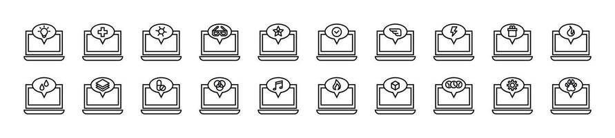 agrupar do linear símbolos do computador portátil e discurso bolha. editável AVC. linear símbolo para rede sites, jornais, artigos livro vetor