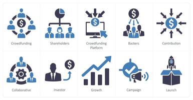 uma conjunto do 10 financiamento colaborativo ícones Como financiamento colaborativo, acionistas, financiamento colaborativo plataforma vetor