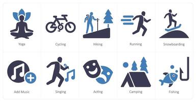 uma conjunto do 10 passatempo ícones Como ioga, ciclismo, caminhada vetor