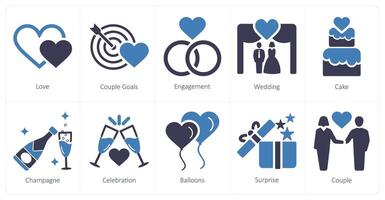 uma conjunto do 10 lua de mel ícones Como amor, casal metas, noivado vetor