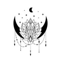 lótus flor com crescente lua e estrelas, florescendo lótus, floral Magia lua. lótus logotipo vetor