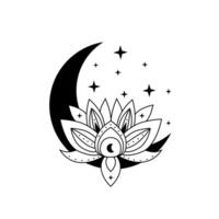 lótus flor com crescente lua e estrelas, florescendo lótus, floral Magia lua. lótus logotipo vetor