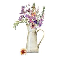 mão desenhado aguarela ilustração botânico flores folhas. dedaleira snapdragon tremoço, amor-perfeito viola, salgueiro eucalipto, Bergenia Rosa lobelia jasmim. ramalhete dentro jarro isolado em branco. casamento, cartões vetor